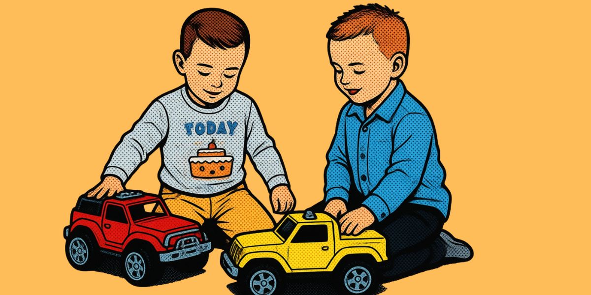 Two boys playing with toy cars - pop art style