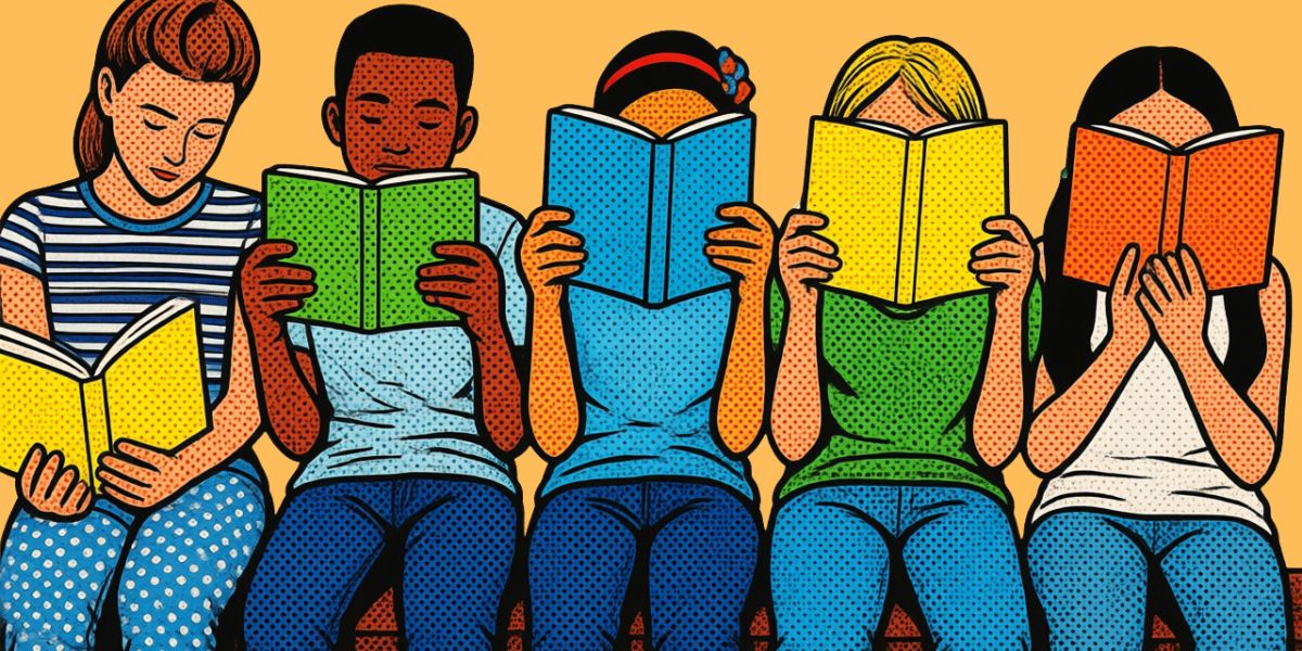 Children siting in a row reading - pop art style