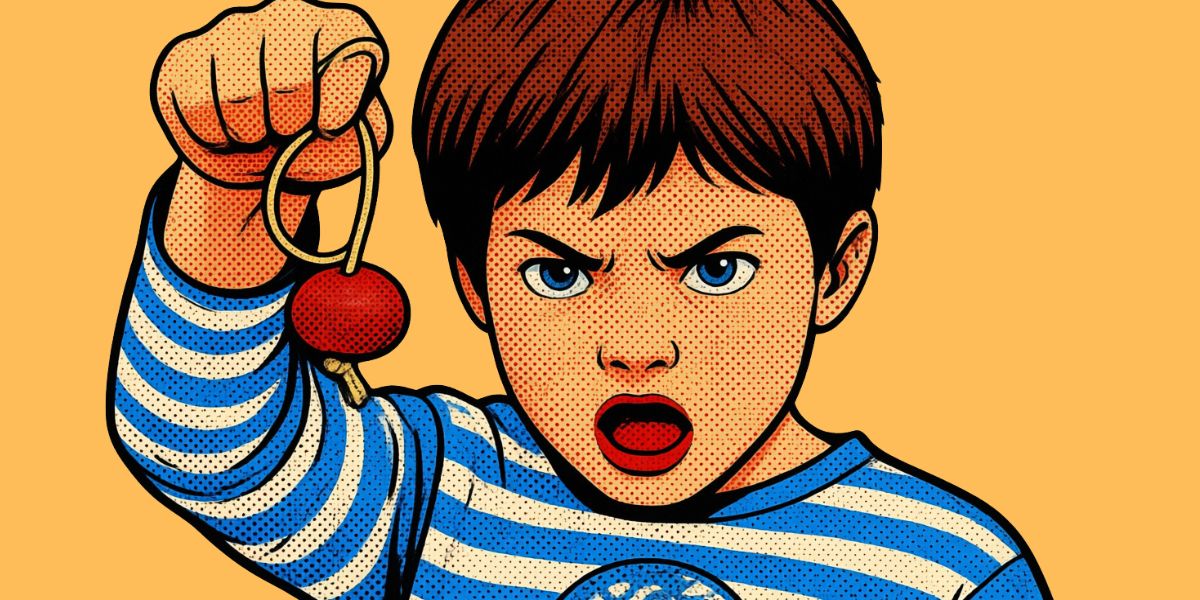 A boy holding a conker on a string - pop art style